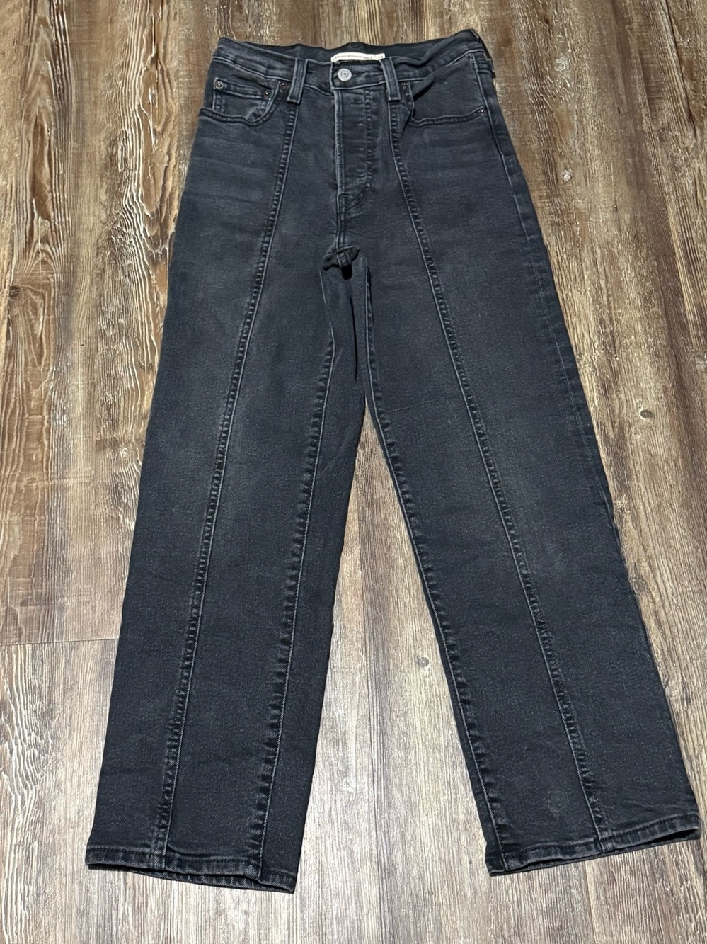Levi's Ribcage Straight Ankle Jeans Women's 24 Black Front Seam High Rise Denim
